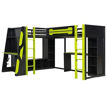 Pnronnc L-Shaped Corner Gaming Loft Bed Twin Size Wooden Loft Bed with RGB LED Lights, TV Stand, USB