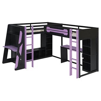 Pnronnc L-Shaped Corner Gaming Loft Bed Twin Size Wooden Loft Bed with RGB LED Lights, TV Stand, USB