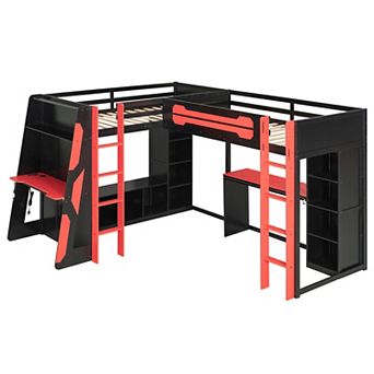 Pnronnc L-Shaped Corner Gaming Loft Bed Twin Size Wooden Loft Bed with RGB LED Lights, TV Stand, USB