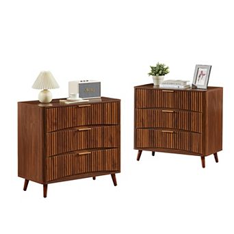 Trikiousd Fluted Nightstand Bedroom Bedside Table 3 Drawer Dresser