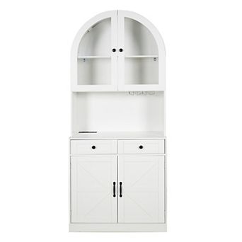 Trikiousd Tall Arched Pantry Cabinet Coffee Bar Cabinet with Charging Station