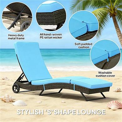 Trikiousd PE Rattan Chaise Lounge Chair Portable Recliner with Wheels