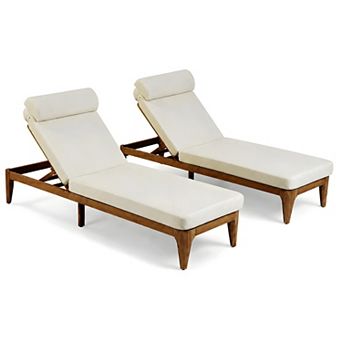 Trikiousd Acacia Wood Cushion Chaise 4-Position Backrest Sun Lounge Chair