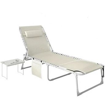 Trikiousd Folding Chaise Lounge Chair 5-level Reclining, Outdoor Tanning Chair with Side Table