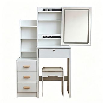 Trikiousd Women Makeup Table Vanity Set with Cushioned Stool, Sliding Mirrored Glass Doors