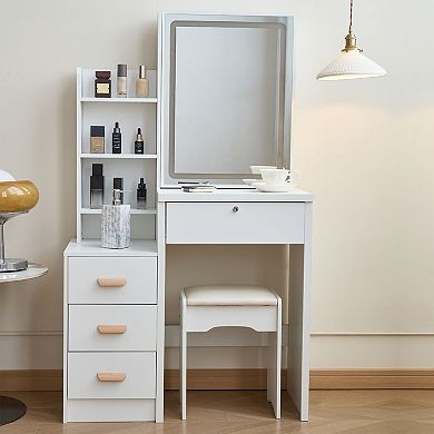 Trikiousd Women Makeup Table Vanity Set with Cushioned Stool, Sliding Mirrored Glass Doors