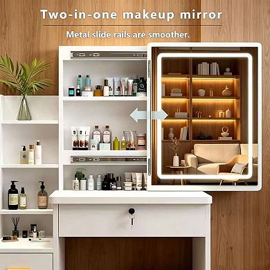Trikiousd Women Makeup Table Vanity Set with Cushioned Stool, Sliding Mirrored Glass Doors