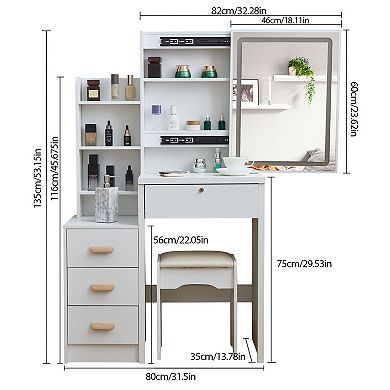 Trikiousd Women Makeup Table Vanity Set with Cushioned Stool, Sliding Mirrored Glass Doors