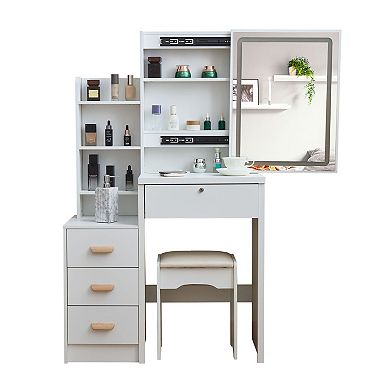 Trikiousd Women Makeup Table Vanity Set with Cushioned Stool, Sliding Mirrored Glass Doors