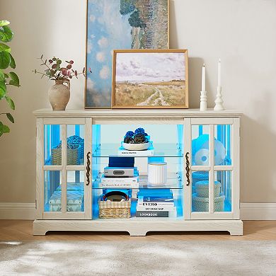 Trikiousd Glass Doors Sideboard Cabinet with RGB LED Lights and Adjustable Shelves