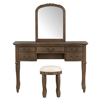 Trikiousd Makeup Vanity with Curved Floral Mirror, 5 Drawers Dressing Table & Upholstered Stool Set