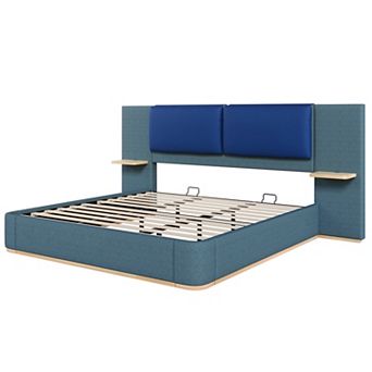Trikiousd Upholstered Platform Bed Frame with Side Storage Shelves and Padded Headboard