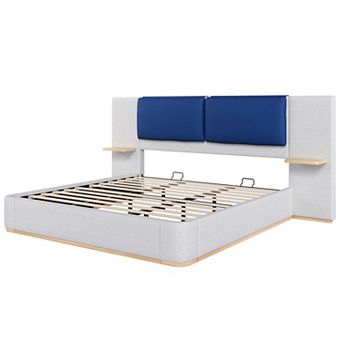 Trikiousd Upholstered Platform Bed Frame with Side Storage Shelves and Padded Headboard