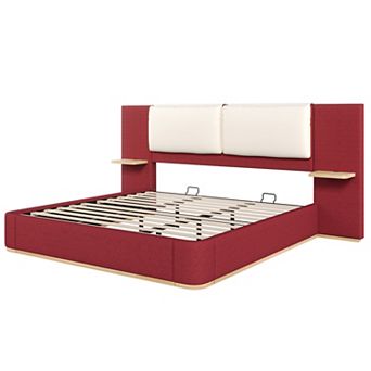 Trikiousd Upholstered Platform Bed Frame with Side Storage Shelves and Padded Headboard