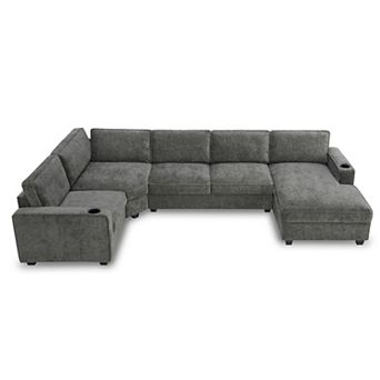Trikiousd 117.5" U-Shaped Chenille Sectional Sofa with Cup Holders, 6-Seat Couch