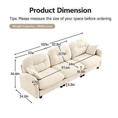 Trikiousd 3-Seater Modular Sectional Sofa with Chenille Fabric and Tufted Backrest