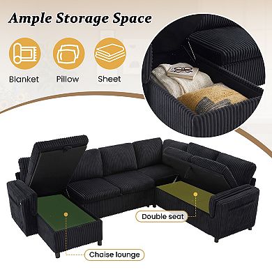 Trikiousd U-Shaped Pull-Out Sleeper Sofa with Storage, USB & Reversible Chaise