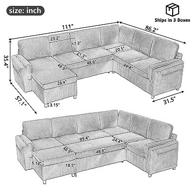 Trikiousd U-Shaped Pull-Out Sleeper Sofa with Storage, USB & Reversible Chaise