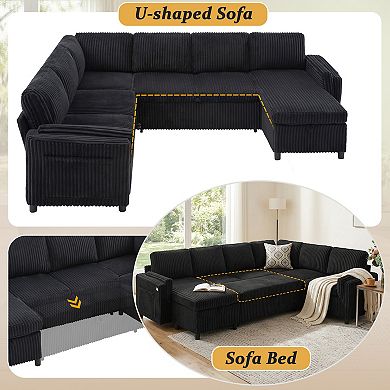 Trikiousd U-Shaped Pull-Out Sleeper Sofa with Storage, USB & Reversible Chaise