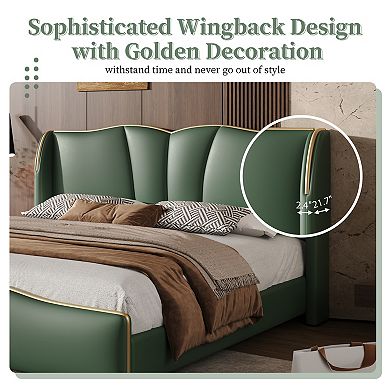 Trikiousd Leather Upholstered Platform Bed Frame with Wingback Headboard