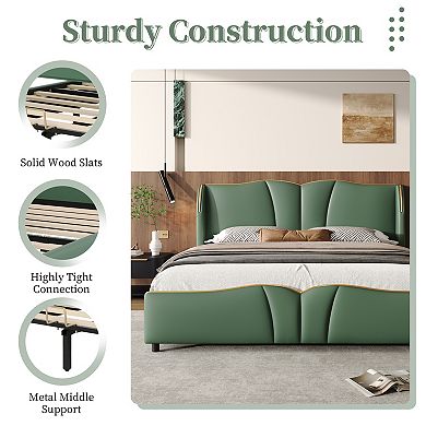 Trikiousd Leather Upholstered Platform Bed Frame with Wingback Headboard