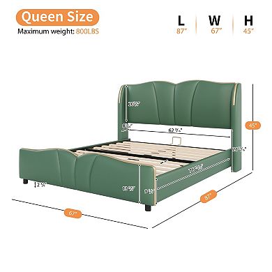 Trikiousd Leather Upholstered Platform Bed Frame with Wingback Headboard