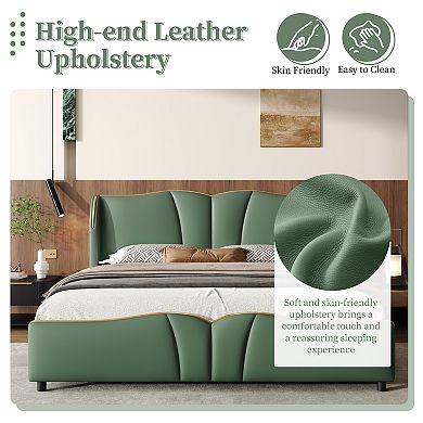 Trikiousd Leather Upholstered Platform Bed Frame with Wingback Headboard