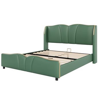 Trikiousd Leather Upholstered Platform Bed Frame with Wingback Headboard