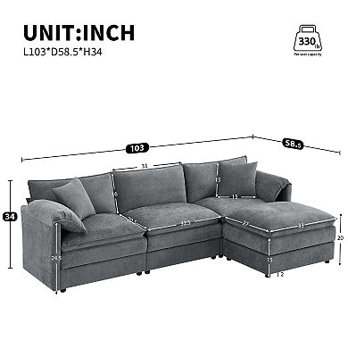 Trikiousd 103" Chenille Modular Sectional Sofa with Deep Seat, Ottoman & Double Cushions