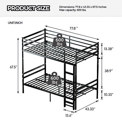 Trikiousd Twin Over Twin Metal Bunk Bed with Ladder, Guardrails, Iron Frame Space Saving Design