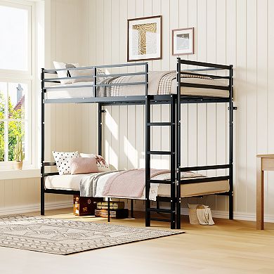 Trikiousd Twin Over Twin Metal Bunk Bed with Ladder, Guardrails, Iron Frame Space Saving Design