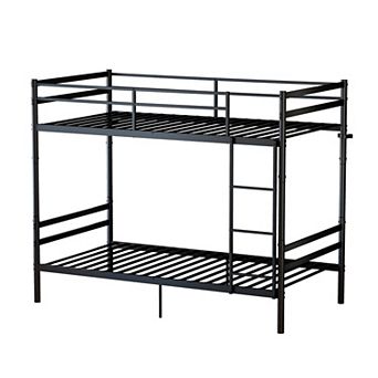 Trikiousd Twin Over Twin Metal Bunk Bed Convertible into 2 Beds, Ladder, Guardrails, Iron Frame