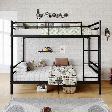 Trikiousd Twin Over Twin Metal Bunk Bed Convertible into 2 Beds, Ladder, Guardrails, Iron Frame