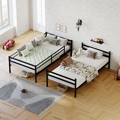 Trikiousd Twin Over Twin Metal Bunk Bed Convertible into 2 Beds, Ladder, Guardrails, Iron Frame