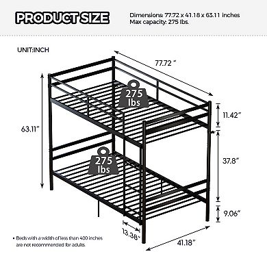 Trikiousd Twin Over Twin Metal Bunk Bed Convertible into 2 Beds, Ladder, Guardrails, Iron Frame