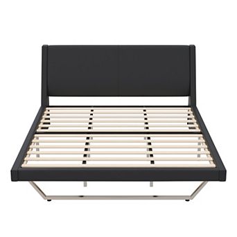 Trikiousd Upholstered PU Platform Bed Frame with Wave Curve Design and Trapezoidal Legs