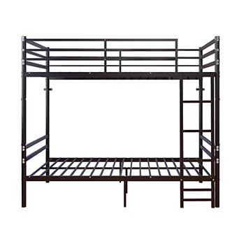 Trikiousd Twin Over Twin Metal Bunk Bed, Iron Frame with Ladder & Guardrails, No Box Spring