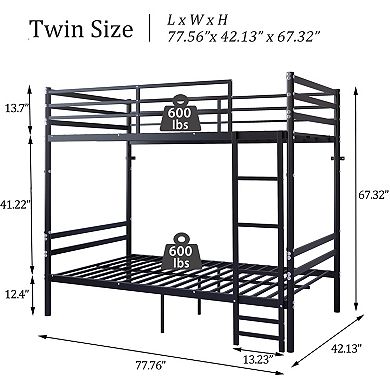 Trikiousd Twin Over Twin Metal Bunk Bed, Iron Frame with Ladder & Guardrails, No Box Spring