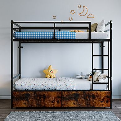 Trikiousd Twin Over Twin Metal Bunk Bed with Ladder, Heavy Duty Frame, Space Saving Storage