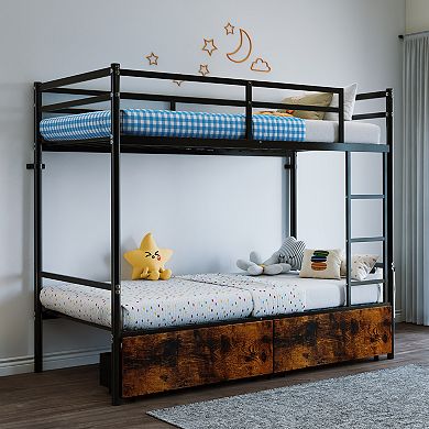 Trikiousd Twin Over Twin Metal Bunk Bed with Ladder, Heavy Duty Frame, Space Saving Storage