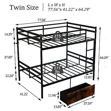 Trikiousd Twin Over Twin Metal Bunk Bed with Ladder, Heavy Duty Frame, Space Saving Storage