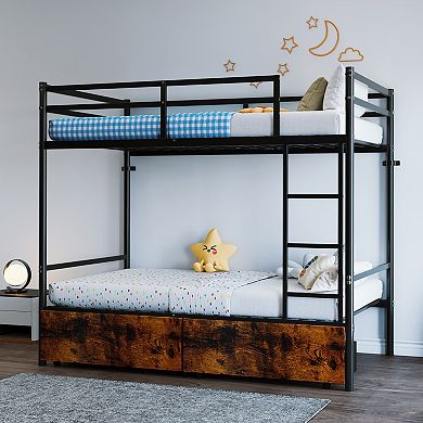 Trikiousd Twin Over Twin Metal Bunk Bed with Ladder, Heavy Duty Frame, Space Saving Storage