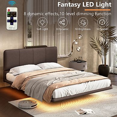 Trikiousd Floating Bed Frame with LED Lights PU Leather Platform Bed Modern Upholstered Design