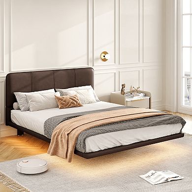 Trikiousd Floating Bed Frame with LED Lights PU Leather Platform Bed Modern Upholstered Design