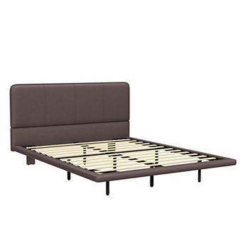 Trikiousd Floating Bed Frame with LED Lights PU Leather Platform Bed Modern Upholstered Design