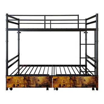 Trikiousd Metal Twin Over Twin Bunk Bed with Drawers, Heavy Duty Frame, Guardrails, Storage Space