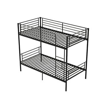 Trikiousd Twin Over Twin Metal Bunk Bed Convertible to 2 Beds, Ladder, Guardrails, Iron Frame