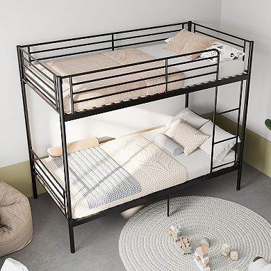Trikiousd Twin Over Twin Metal Bunk Bed Convertible to 2 Beds, Ladder, Guardrails, Iron Frame