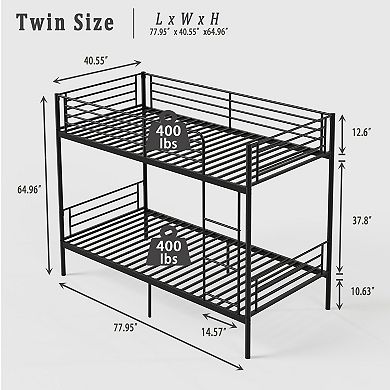 Trikiousd Twin Over Twin Metal Bunk Bed Convertible to 2 Beds, Ladder, Guardrails, Iron Frame