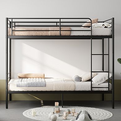 Trikiousd Twin Over Twin Metal Bunk Bed Convertible to 2 Beds, Ladder, Guardrails, Iron Frame